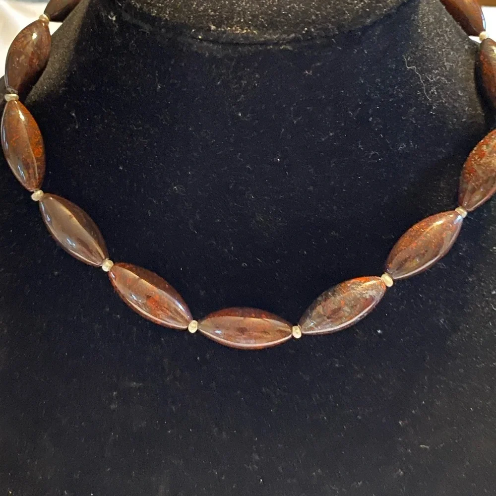 Red Brown Stone Oval Bead with small Pearl Spacers Necklace 925 Sterling